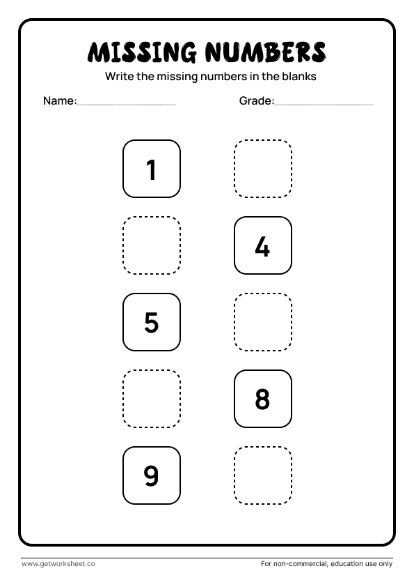 Missing number worksheet 9