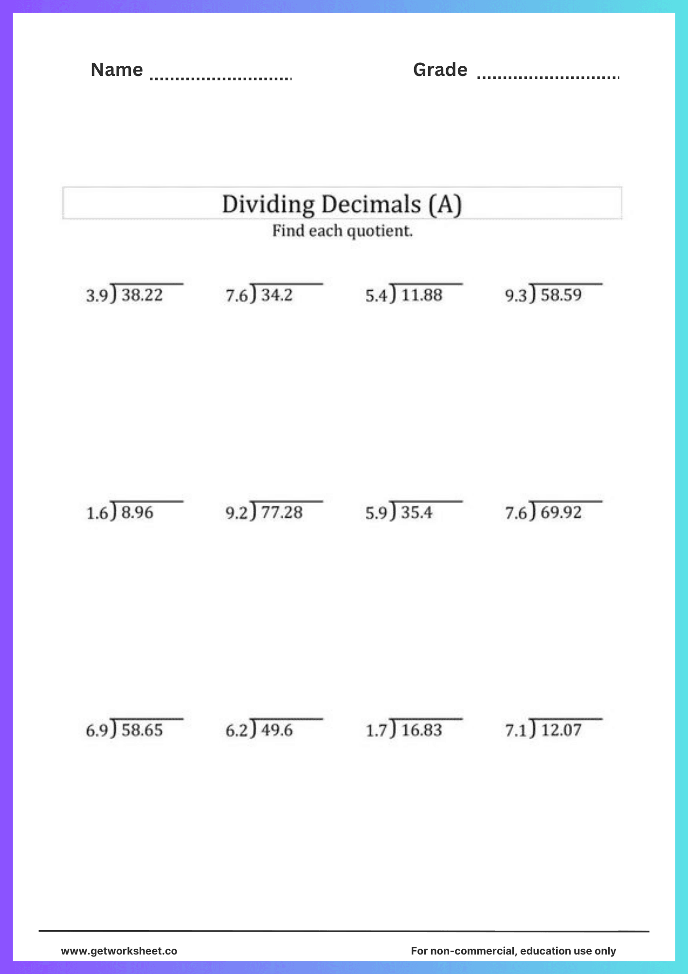 Decimal division worksheet 1