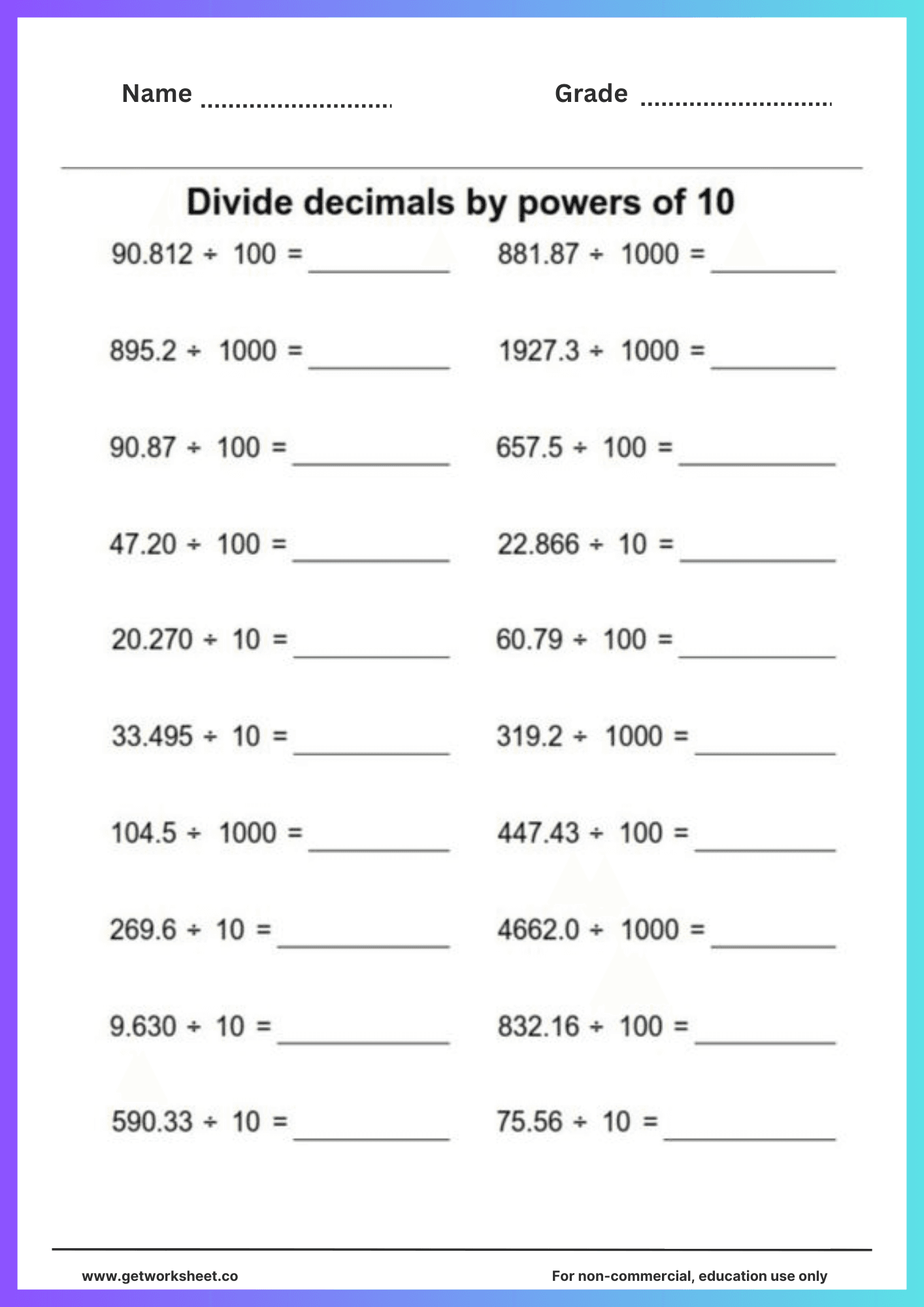 Decimal division worksheet 2