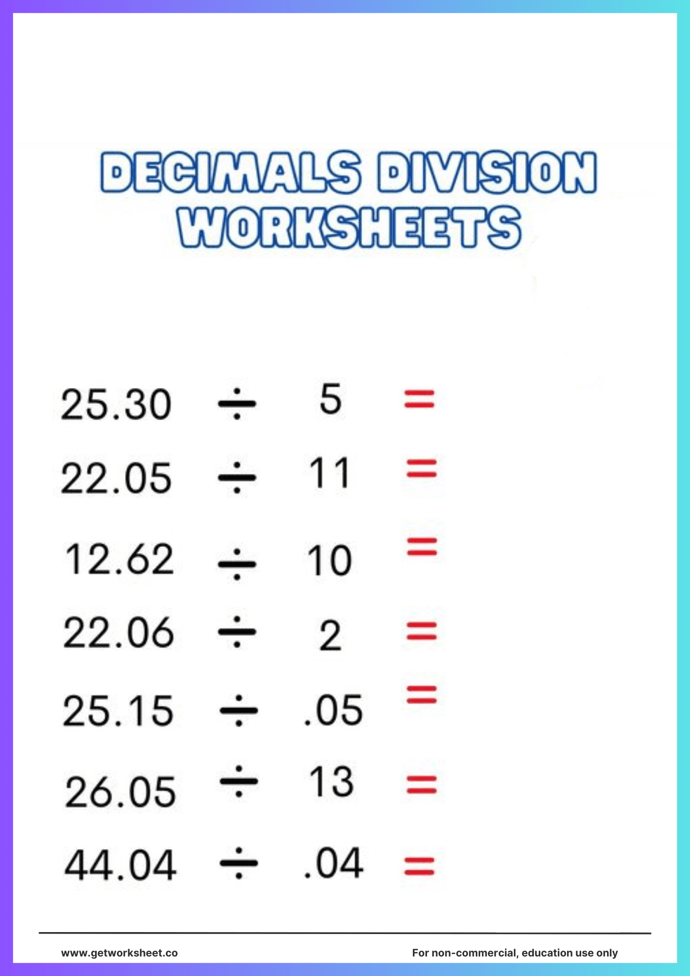 Decimal division worksheet 5