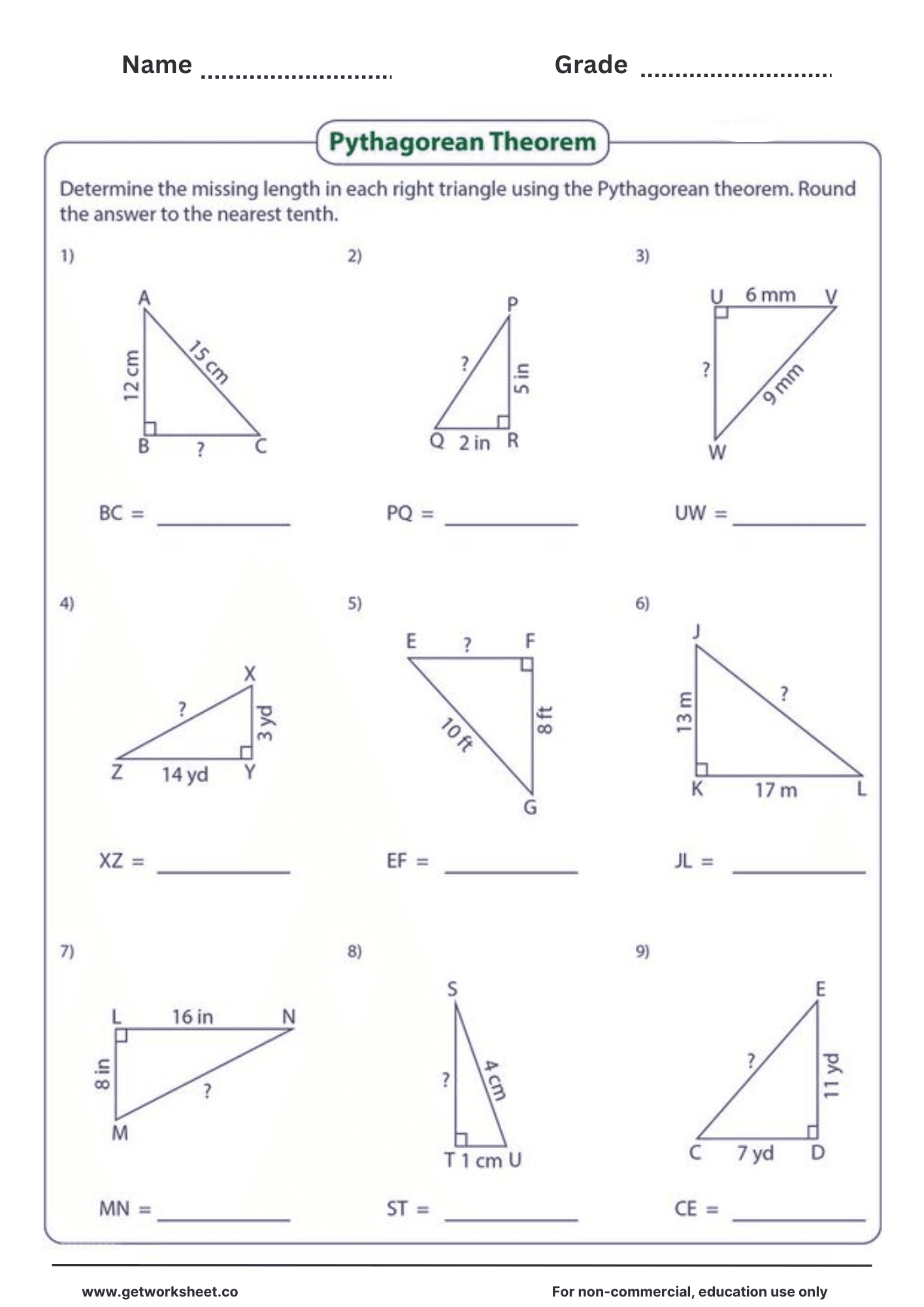 Pythagorean theorem worksheet 1