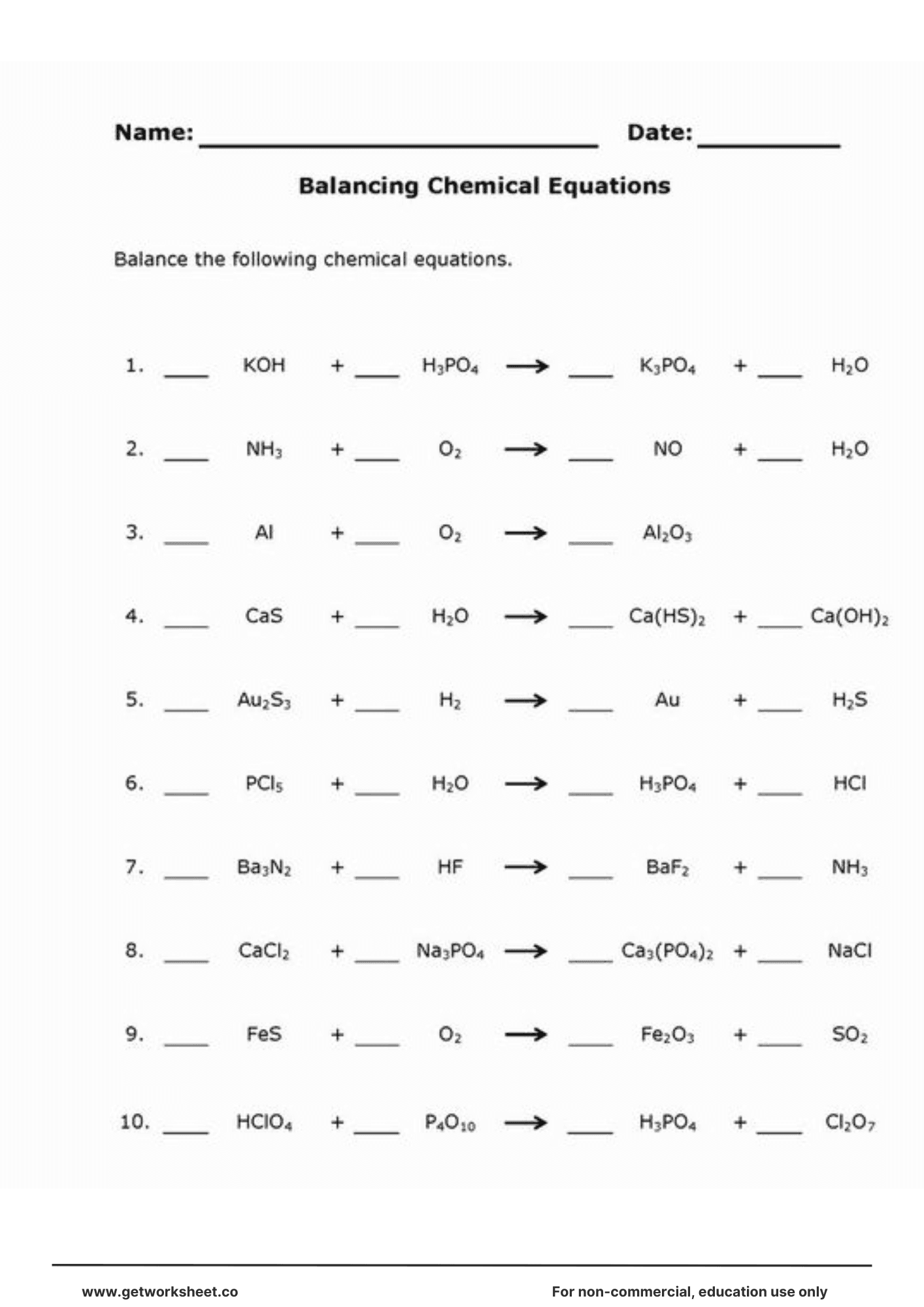 Balancing equations worksheet 1