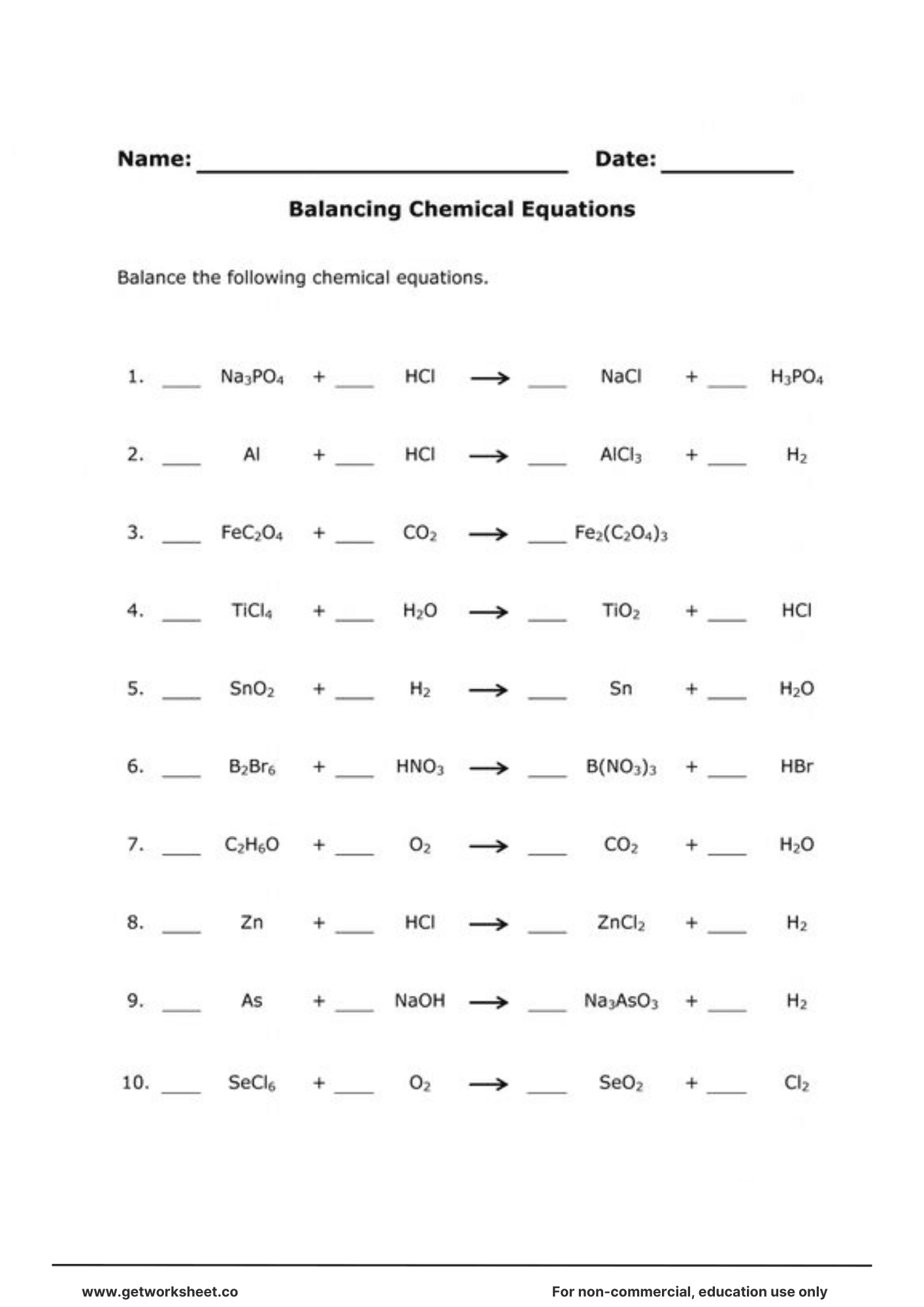 Balancing equations worksheet 2