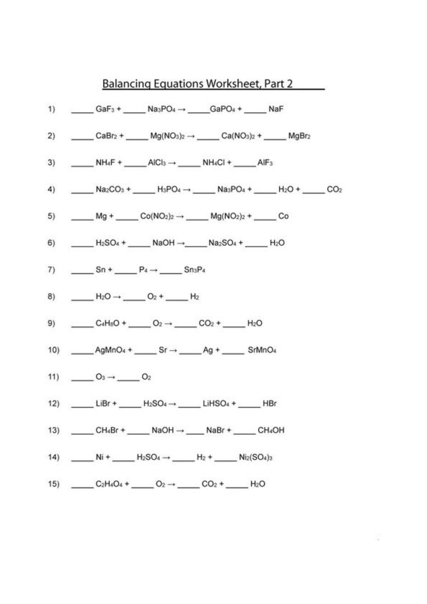 Balancing equations worksheet 3