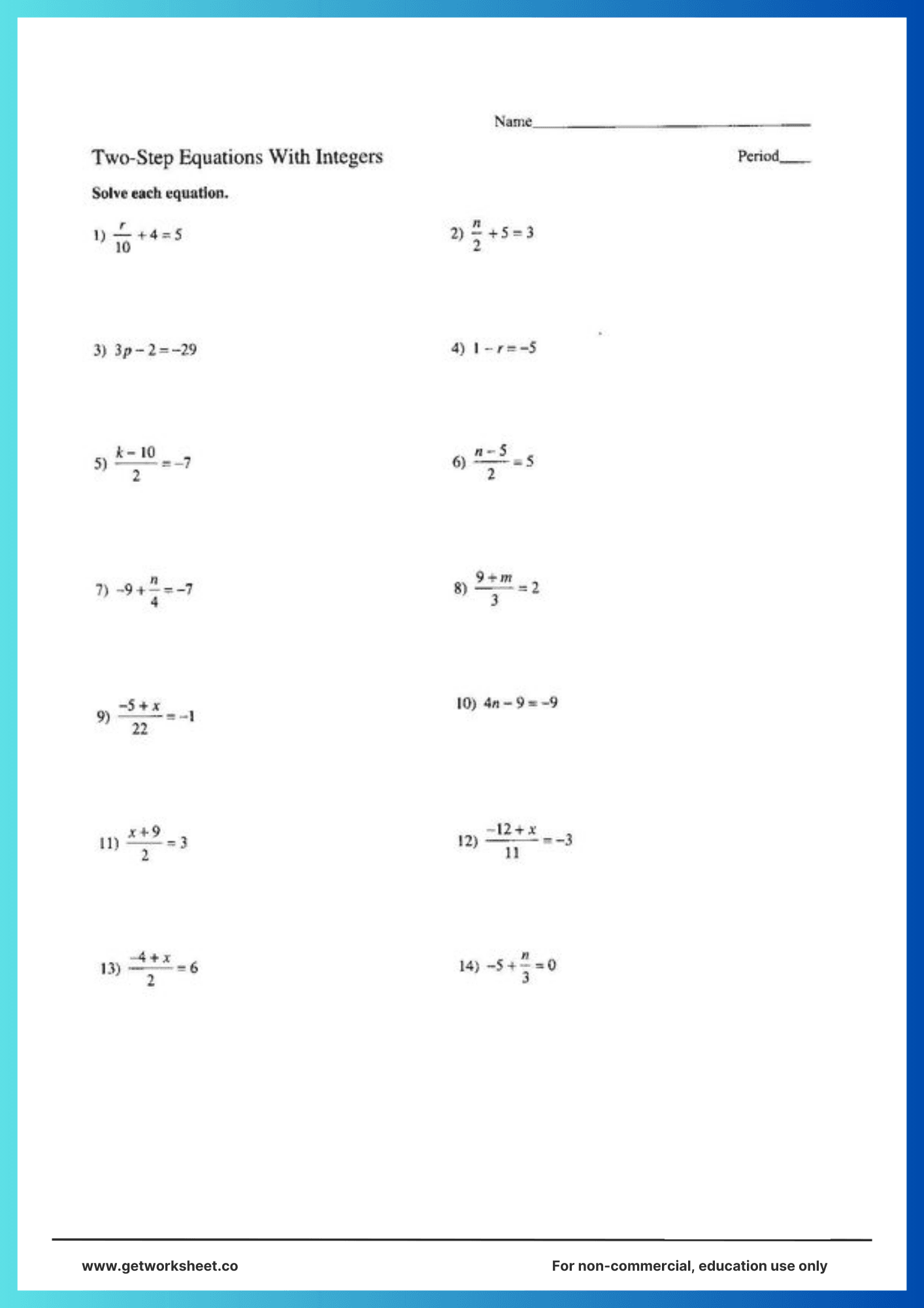 Two step equations worksheet 3