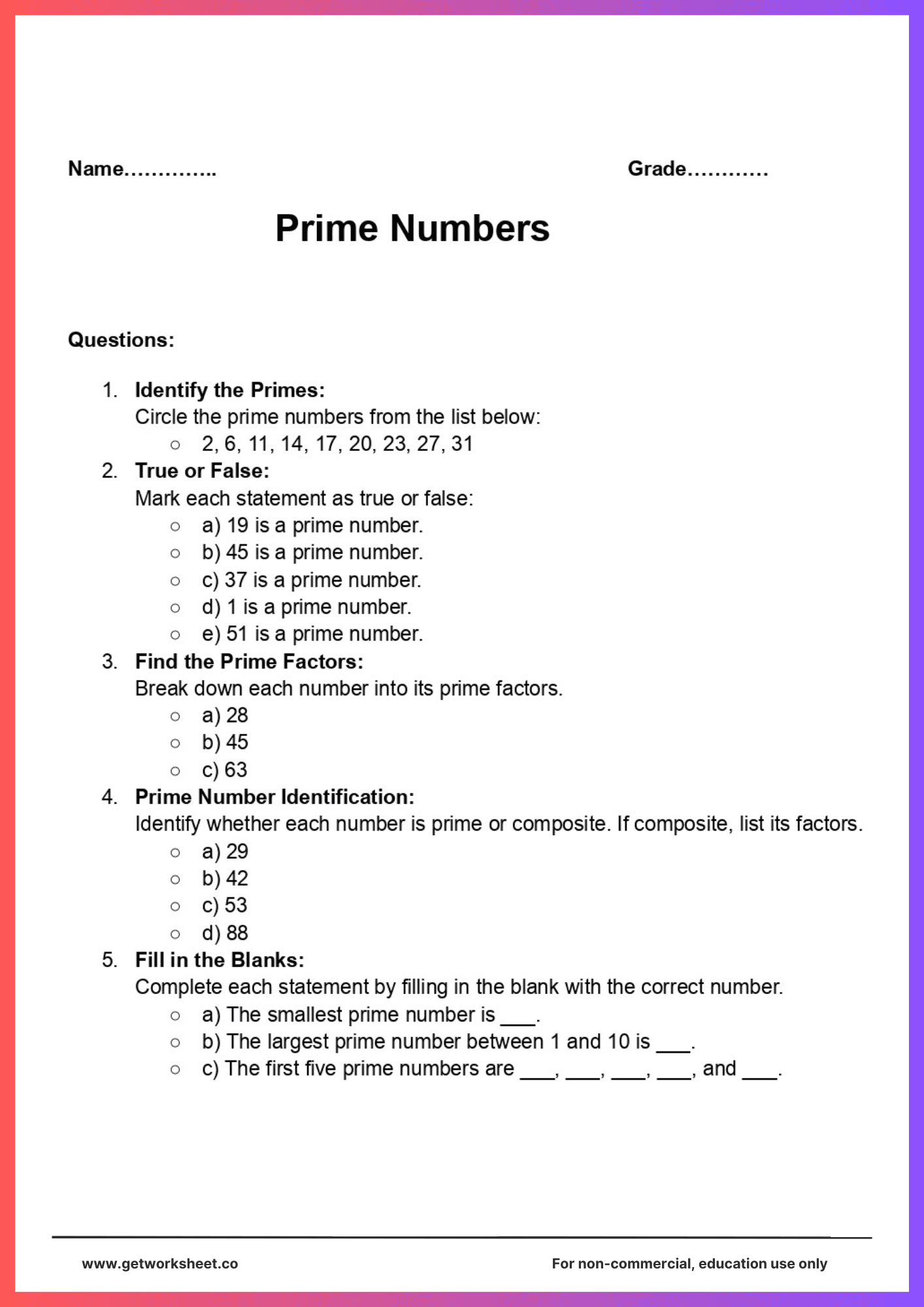 Prime number worksheet 5