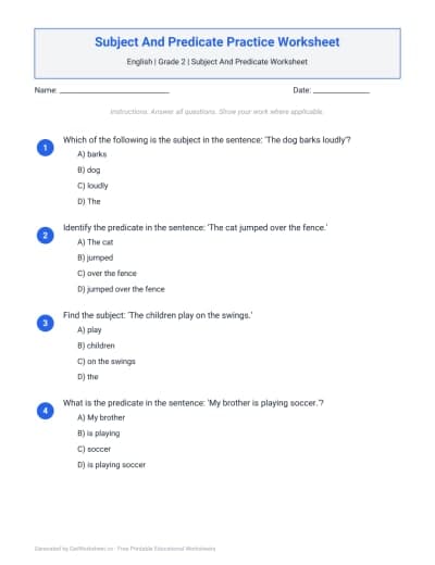 Subject And Predicate Practice Worksheet