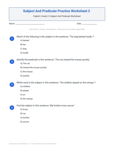 Subject And Predicate Practice Worksheet 2