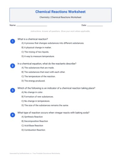 Chemical Reactions Worksheets