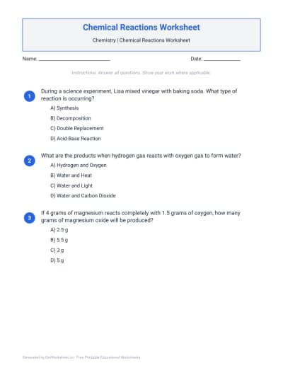 Chemical Reactions Worksheet