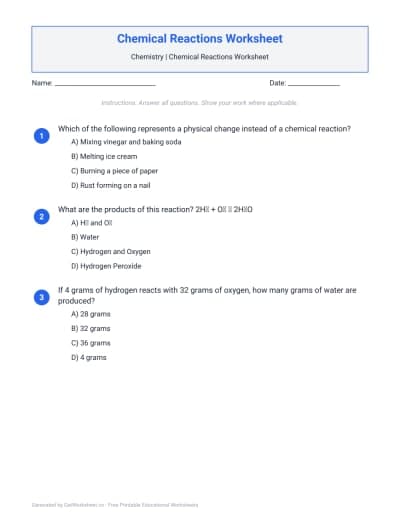 Chemical Reactions Worksheet