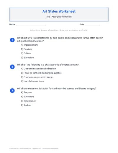 Art Styles Worksheets