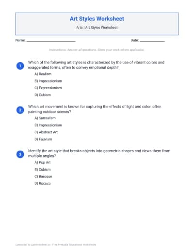 Art Styles Worksheet