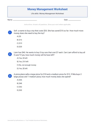 Money Management Worksheet