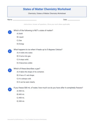 States of Matter Chemistry Worksheets