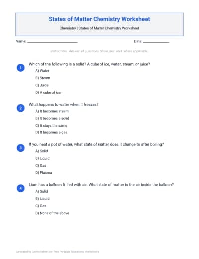 States of Matter Chemistry Worksheet