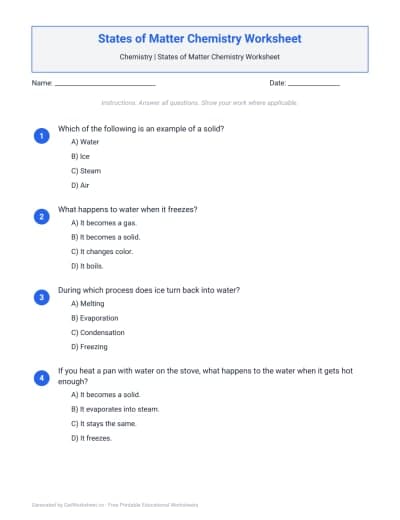 States of Matter Chemistry Worksheet