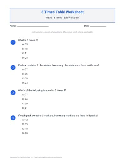 3 Times Table Worksheets