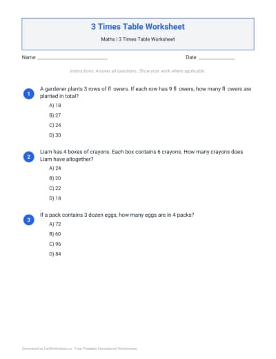 3 Times Table Worksheet