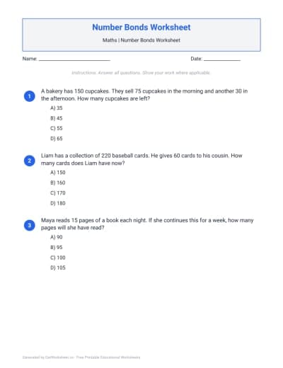 Number Bonds Worksheet