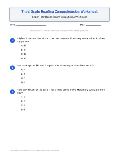 Third Grade Reading Comprehension Worksheet