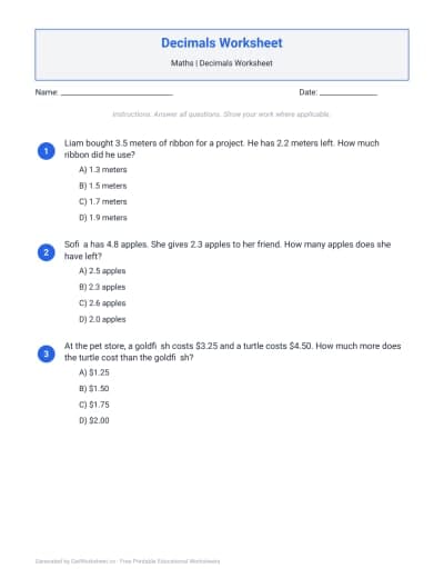 Decimals Worksheets