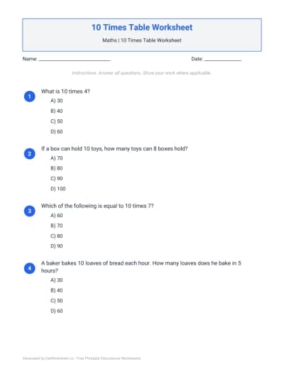 10 Times Table Worksheets