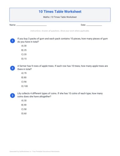 10 Times Table Worksheet