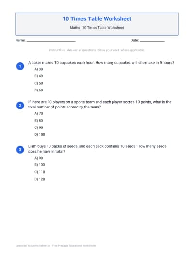 10 Times Table Worksheet