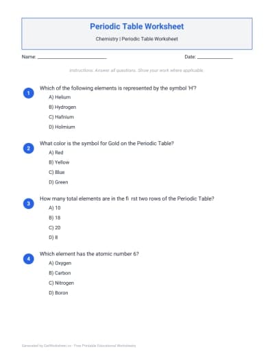 Periodic Table Worksheet