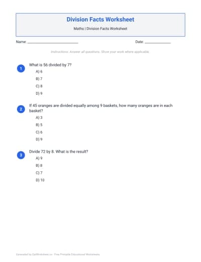 Division Facts Worksheets
