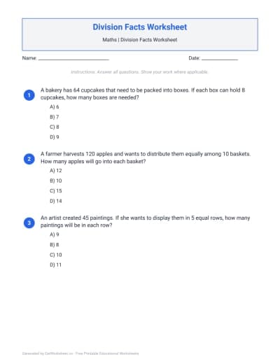 Division Facts Worksheet