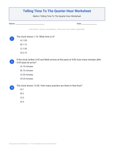 Telling Time To The Quarter Hour Worksheet