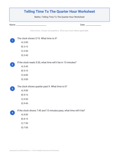 Telling Time To The Quarter Hour Worksheet