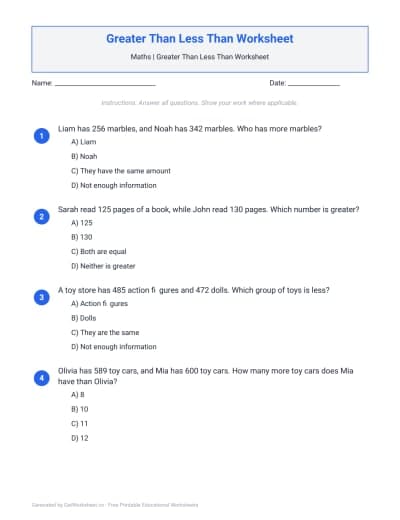 Greater Than Less Than Worksheets