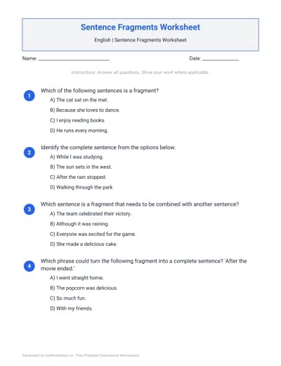 Sentence Fragments Worksheet