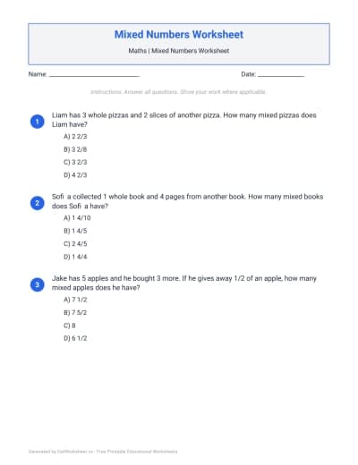 Mixed Numbers Worksheet