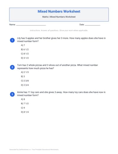 Mixed Numbers Worksheet