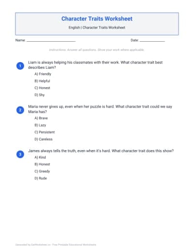 Character Traits Worksheets
