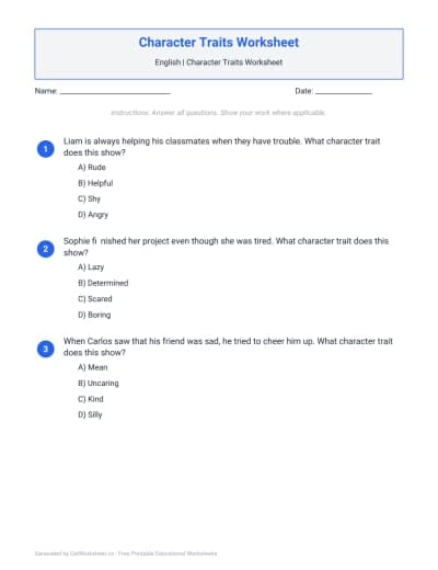 Character Traits Worksheet