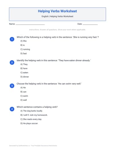 Helping Verbs Worksheets